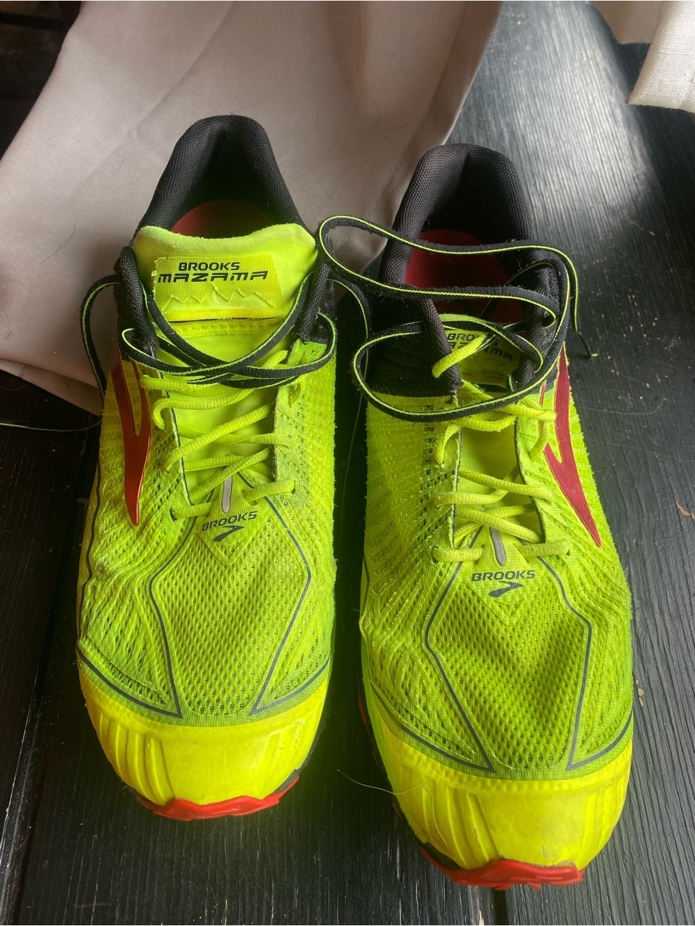 Brooks Neon Yellow Trail Running Shoes with Red Accents
